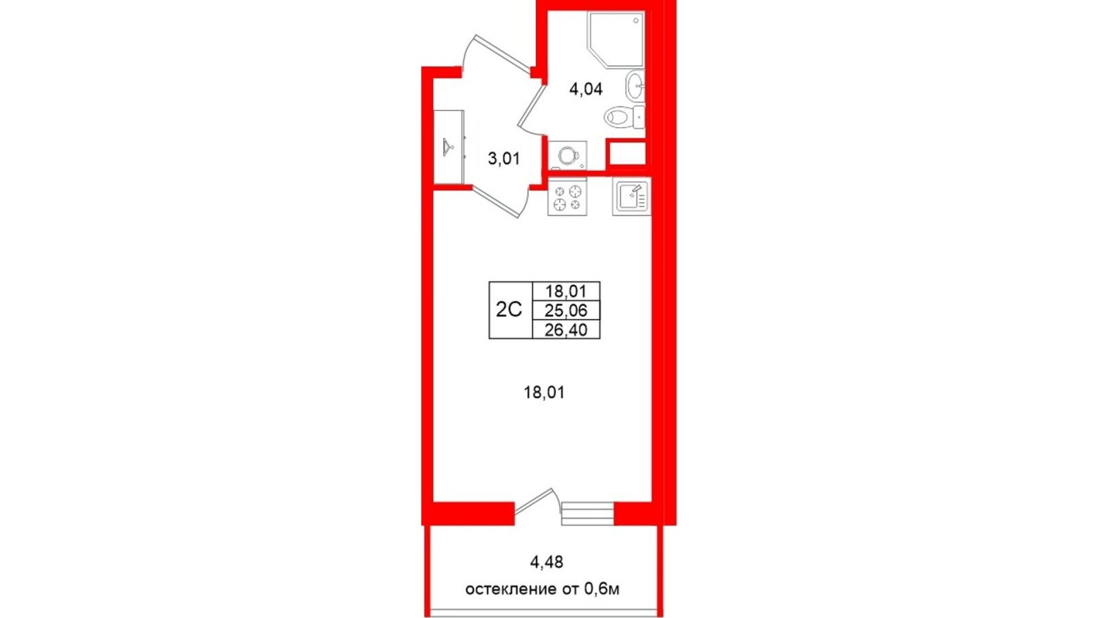 Планировка: студия, 25,1 м²
