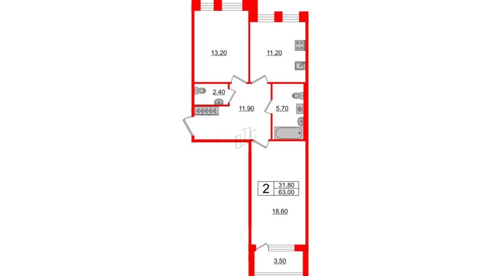 Планировка: 2-комнатная квартира, 63,0 м²