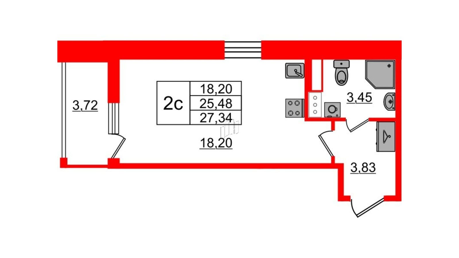 Планировка: студия, 25,5 м²