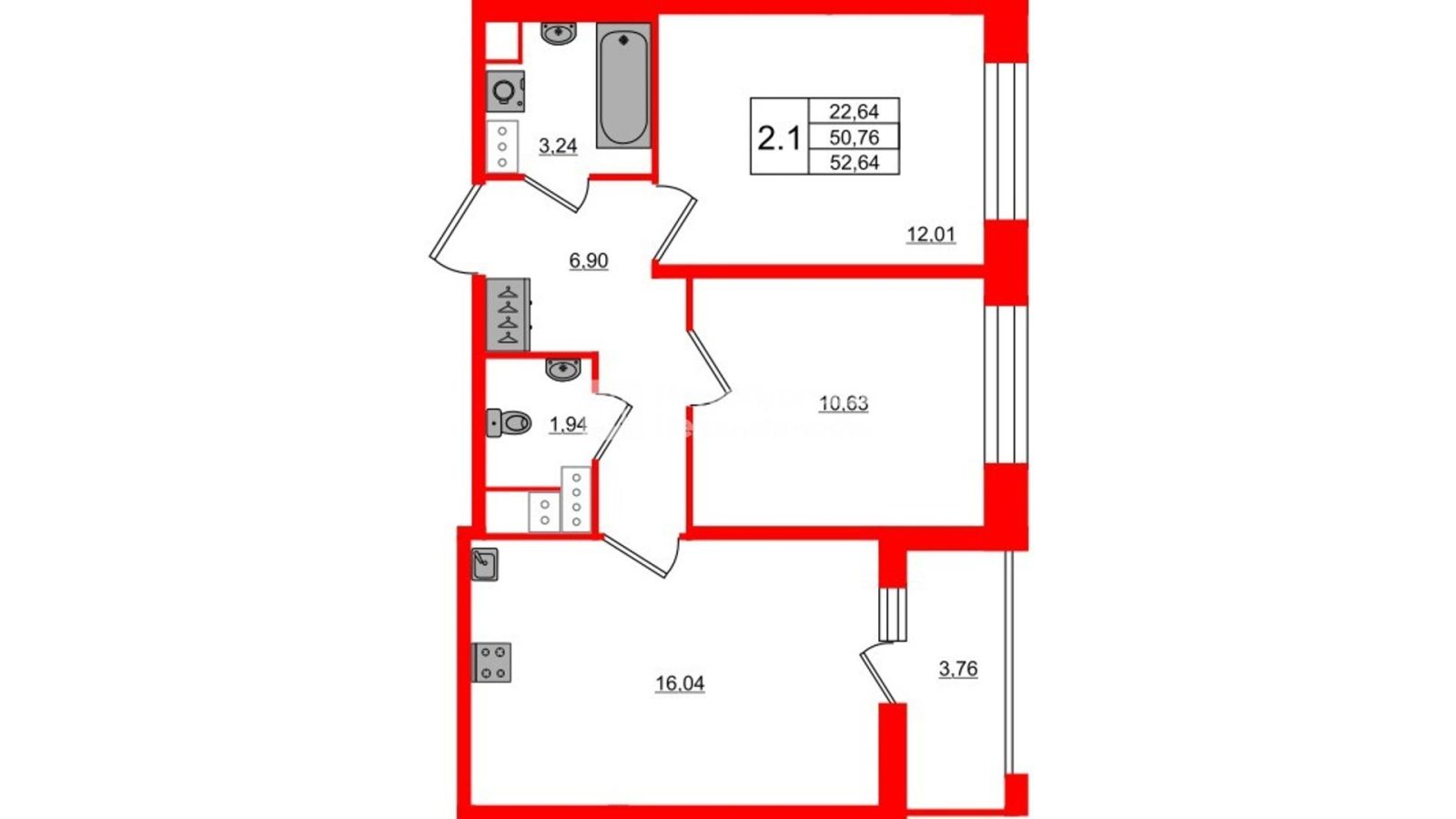 Планировка: 2-комнатная квартира, 50,8 м²