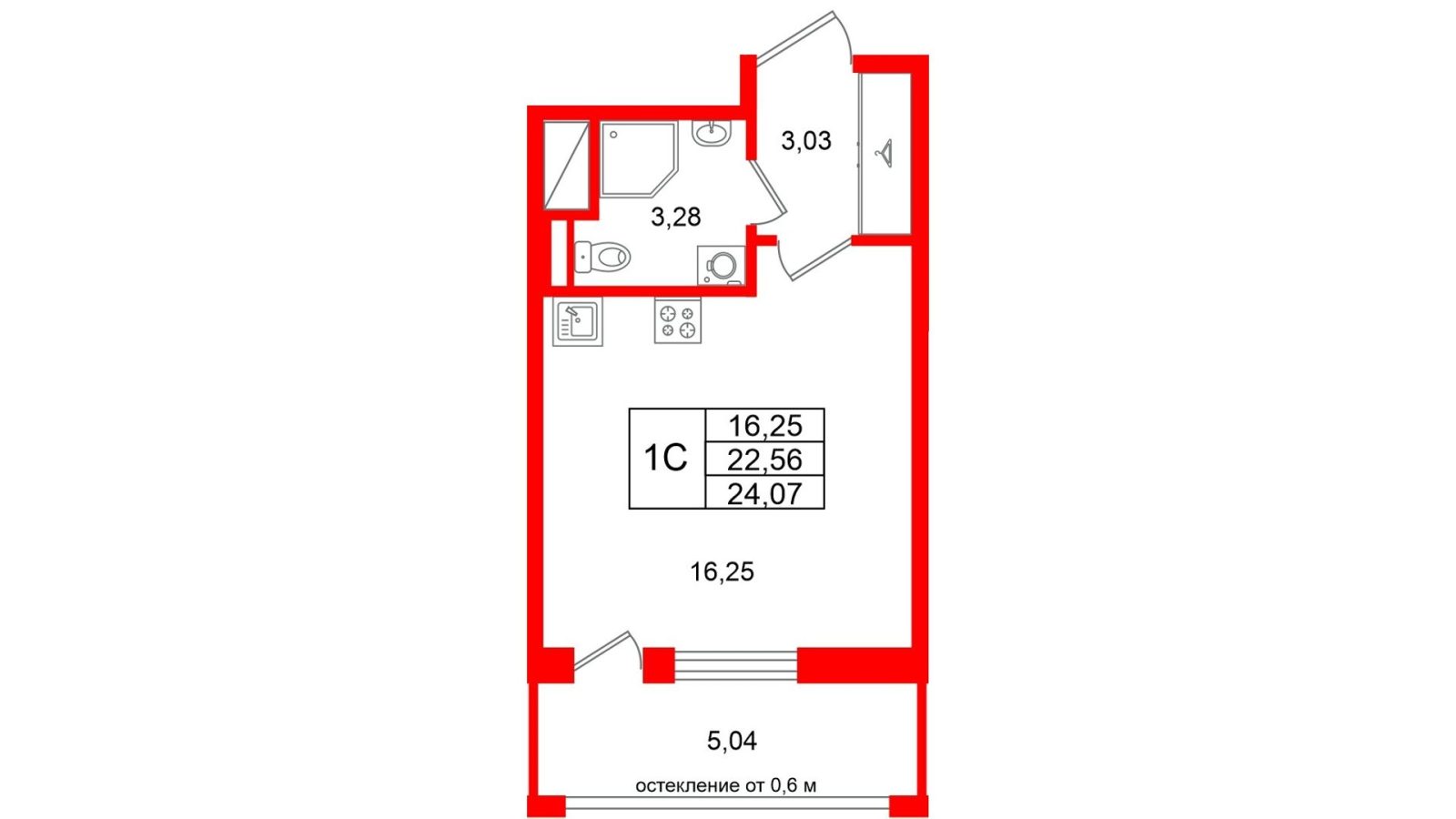 Планировка: студия, 22,6 м²