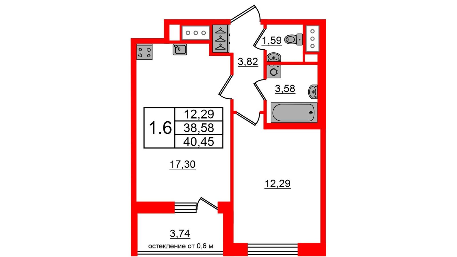 Планировка: 1-комнатная квартира, 38,6 м²