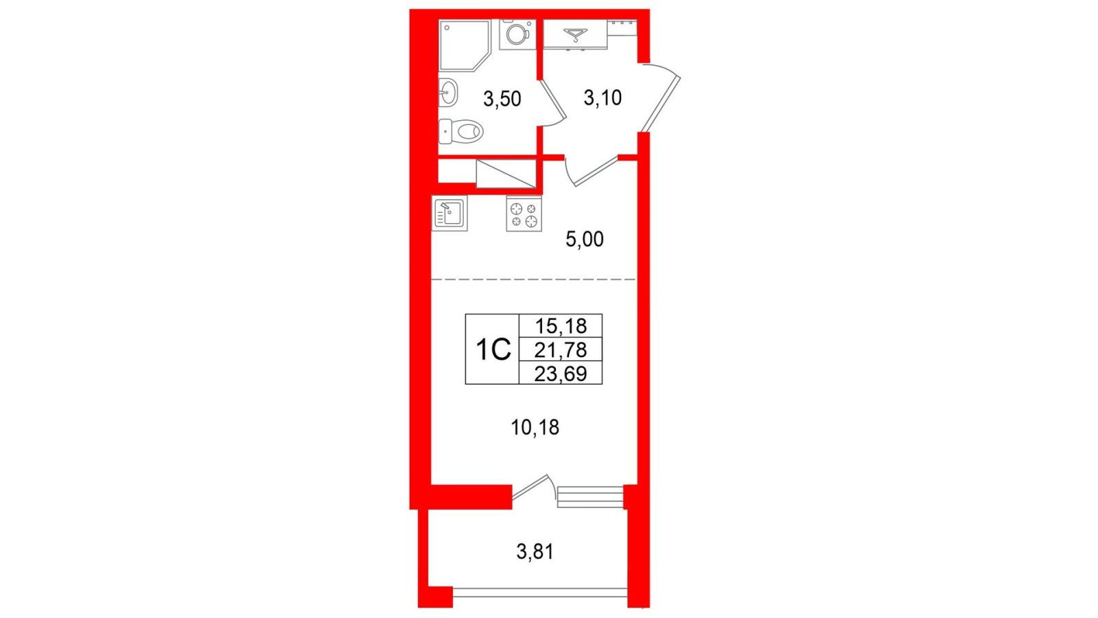 Планировка: студия, 21,8 м²