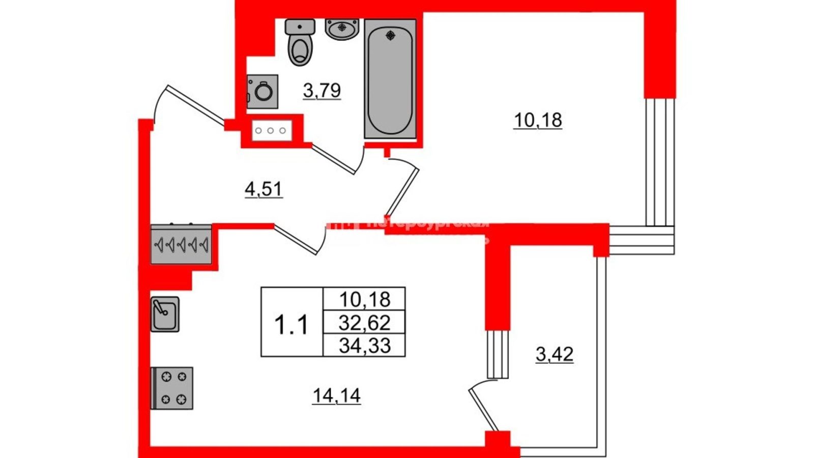 Планировка: 1-комнатная квартира, 32,6 м²