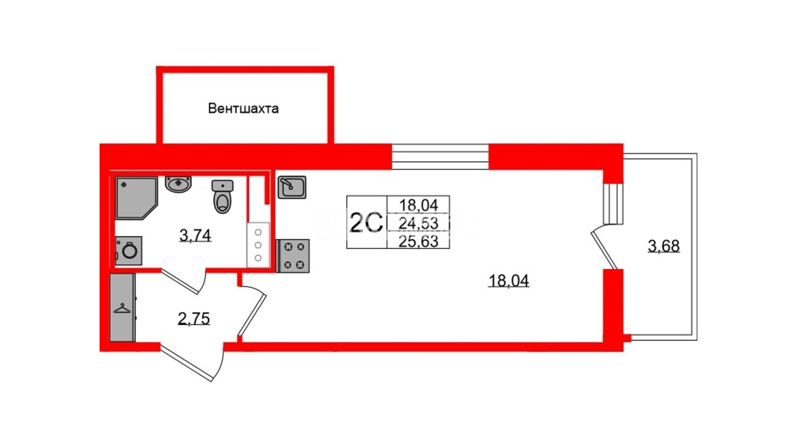 Планировка: студия, 24,5 м²