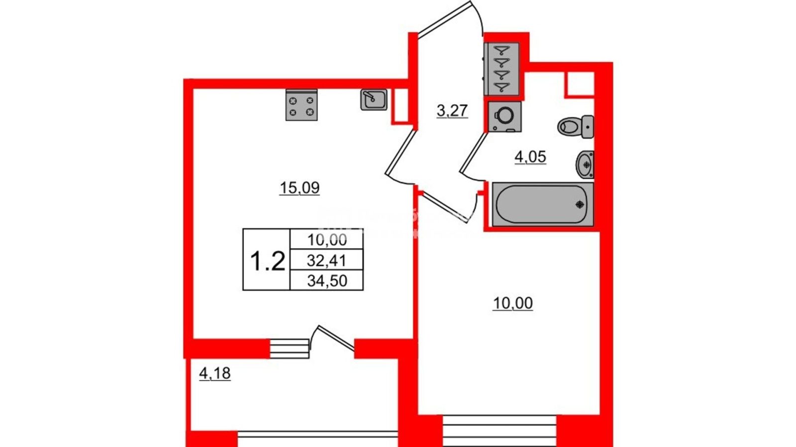 Планировка: 1-комнатная квартира, 32,4 м²