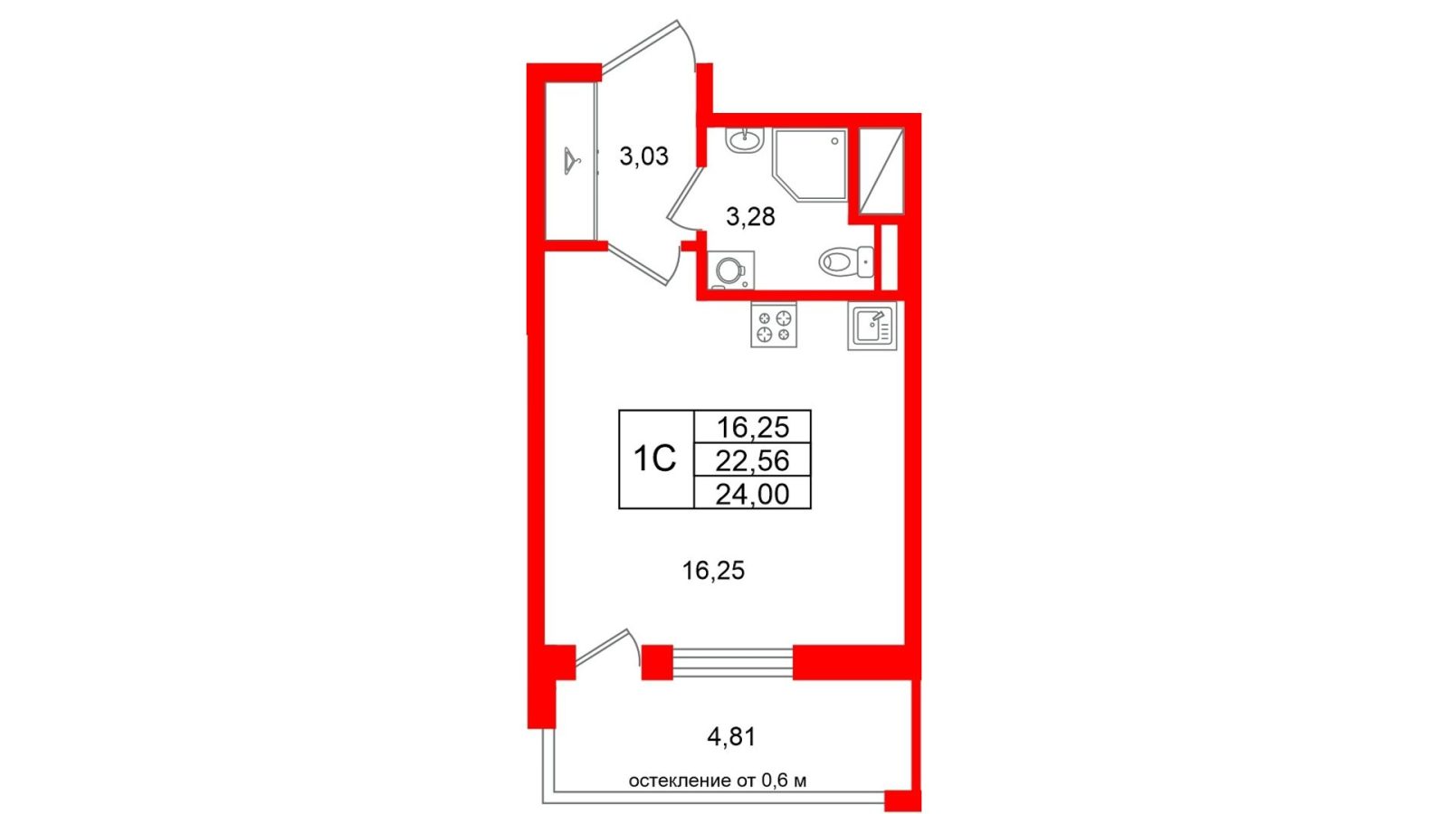 Планировка: студия, 22,6 м²