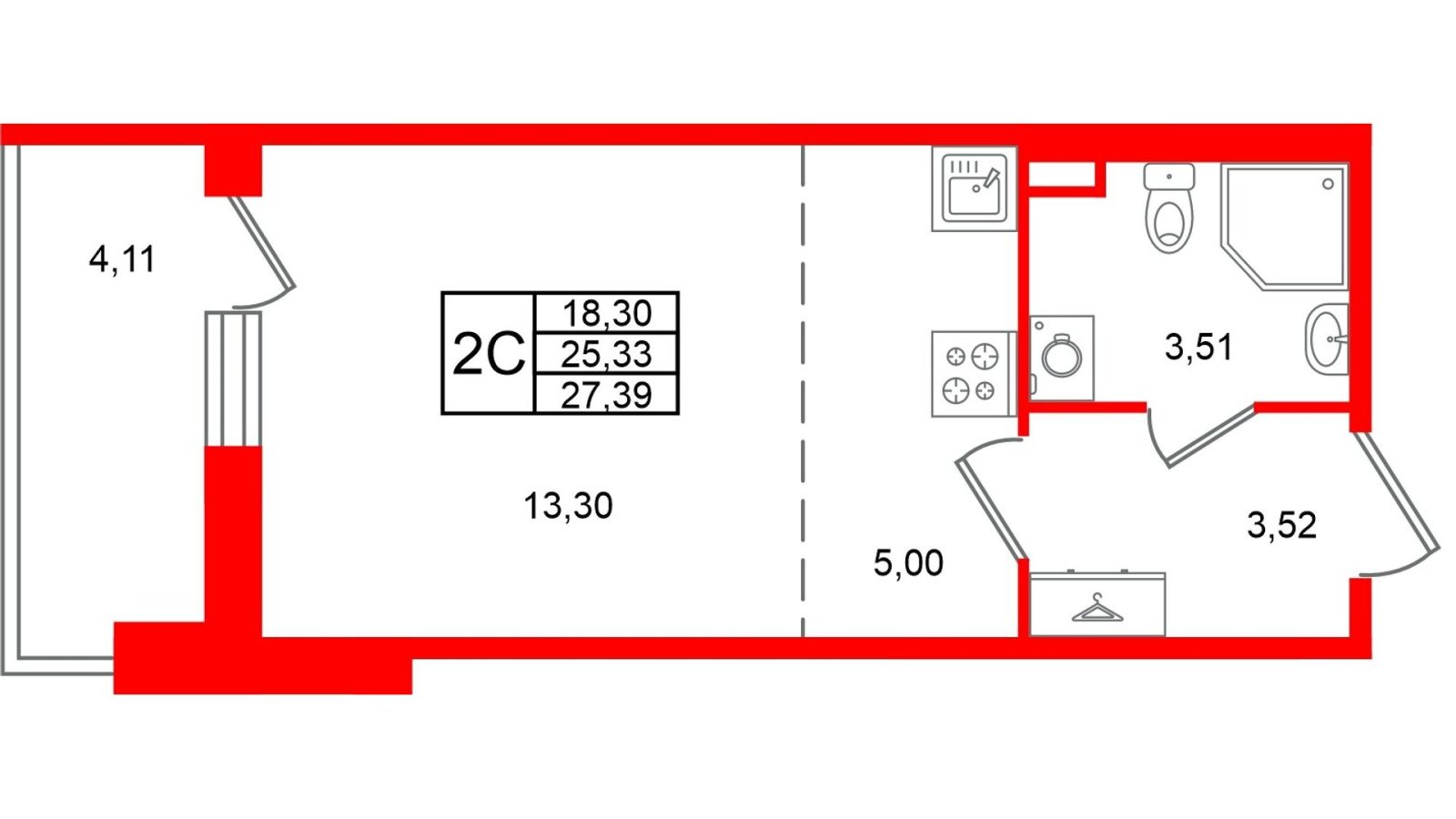 Планировка: студия, 25,3 м²