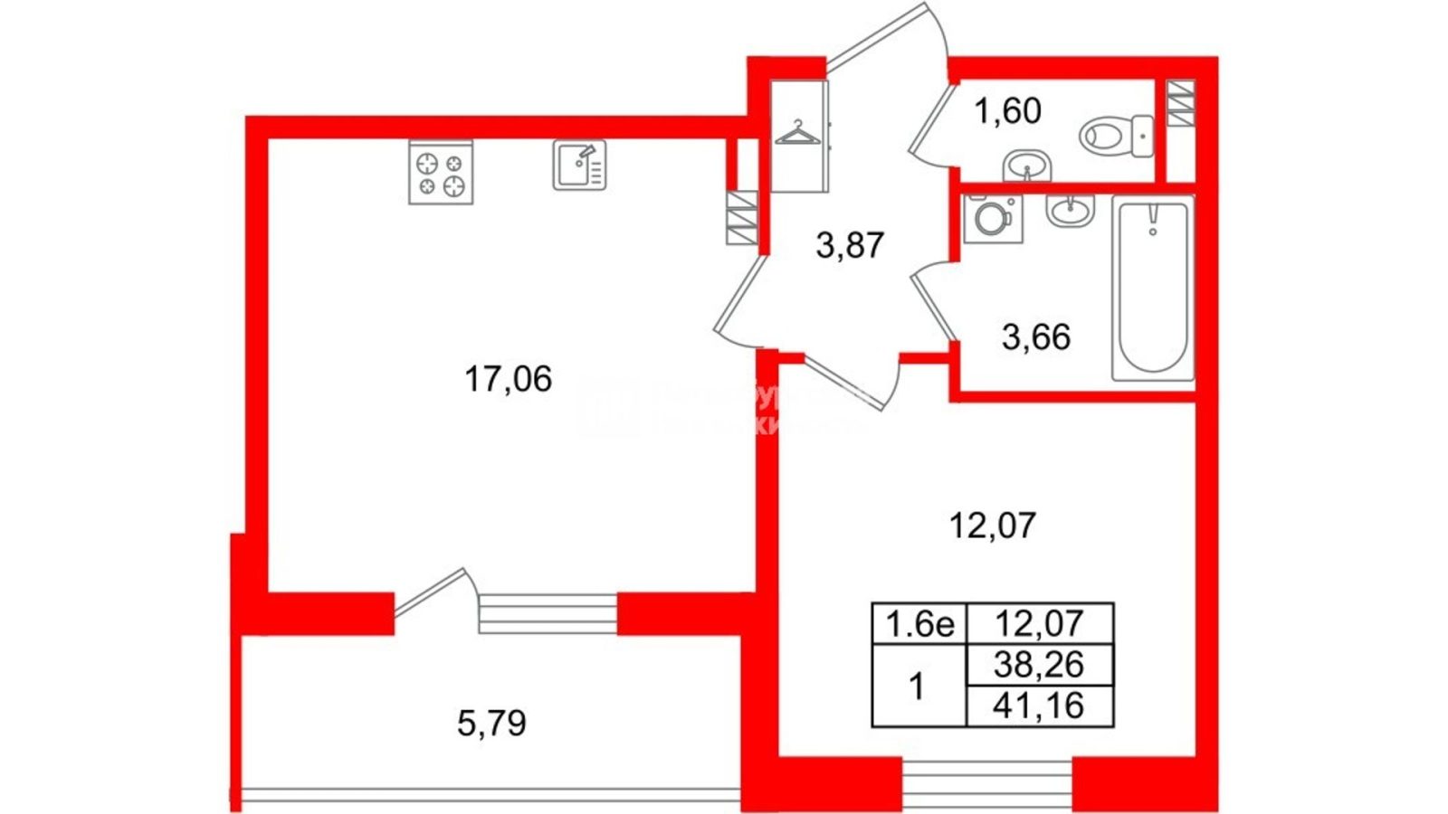 Планировка: 1-комнатная квартира, 38,3 м²