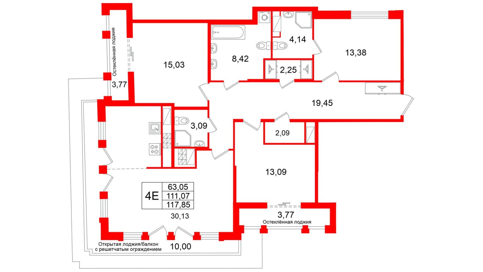 Планировка: 4-комнатная квартира, 111,1 м²