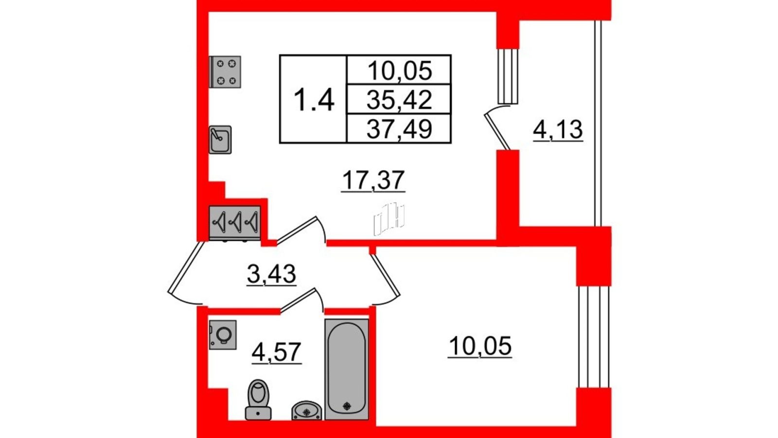 Планировка: 1-комнатная квартира, 35,4 м²