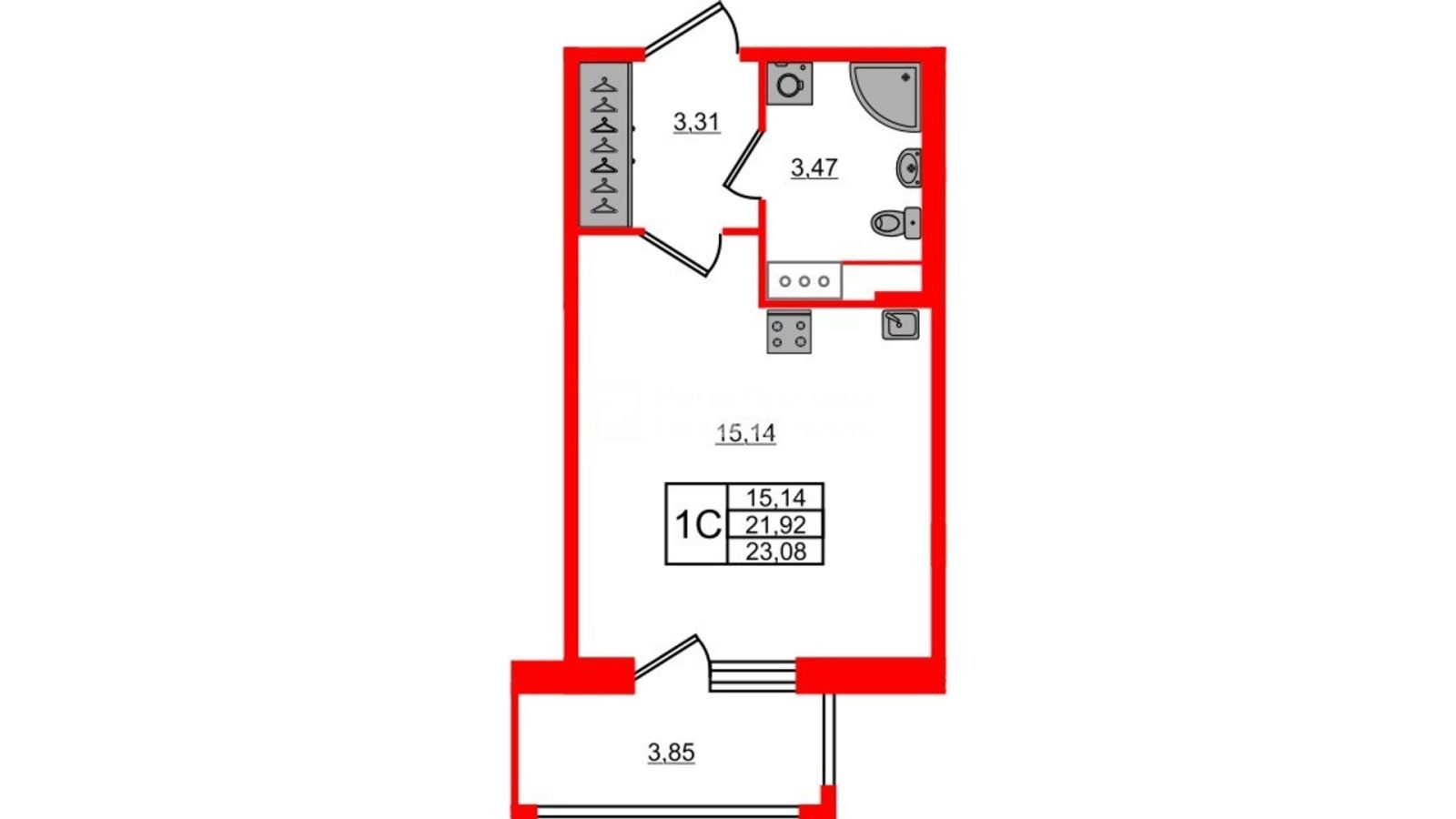 Планировка: студия, 21,9 м²