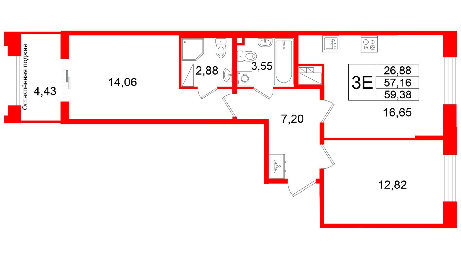 Планировка: 2-комнатная квартира, 57,2 м²