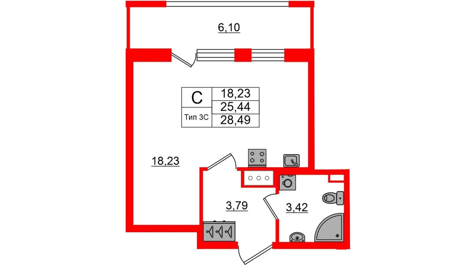 Планировка: студия, 25,4 м²