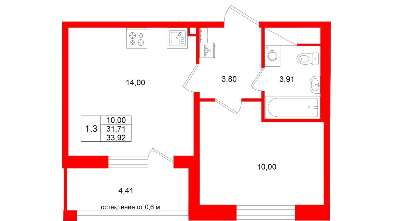 Планировка: 1-комнатная квартира, 31,7 м²