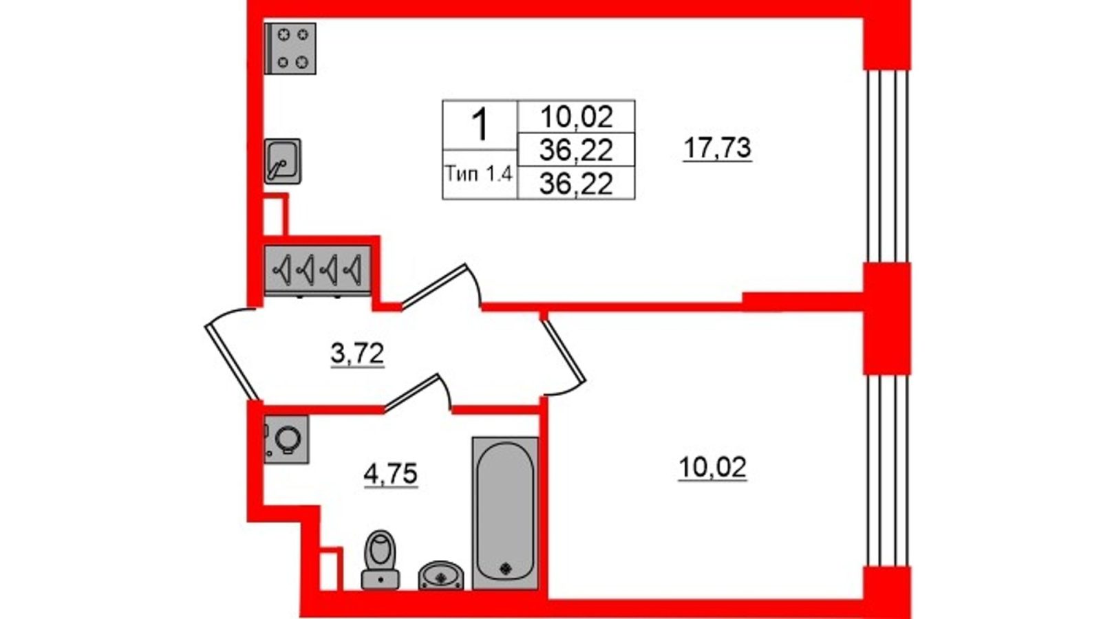 Планировка: 1-комнатная квартира, 36,2 м²