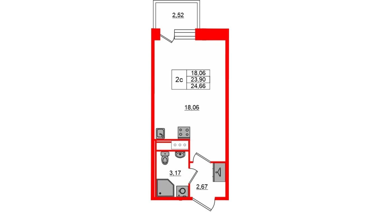 Планировка: студия, 23,9 м²