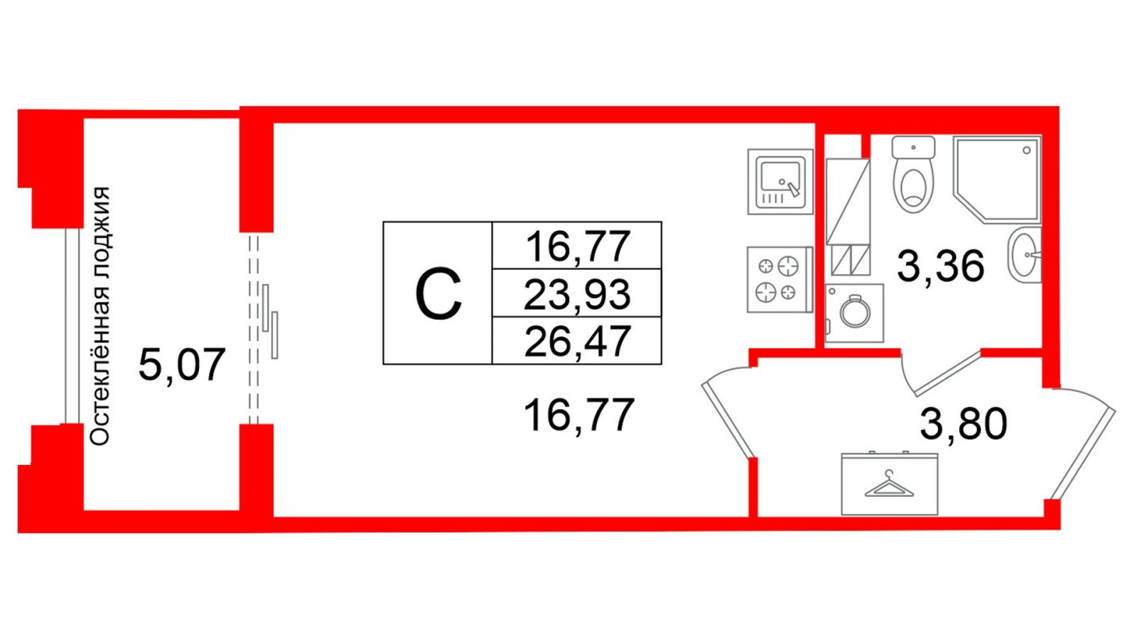 Планировка: студия, 23,9 м²