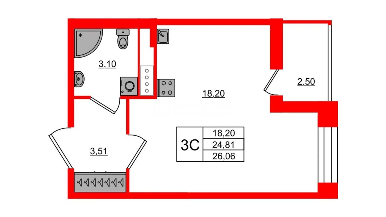 Планировка: студия, 24,8 м²