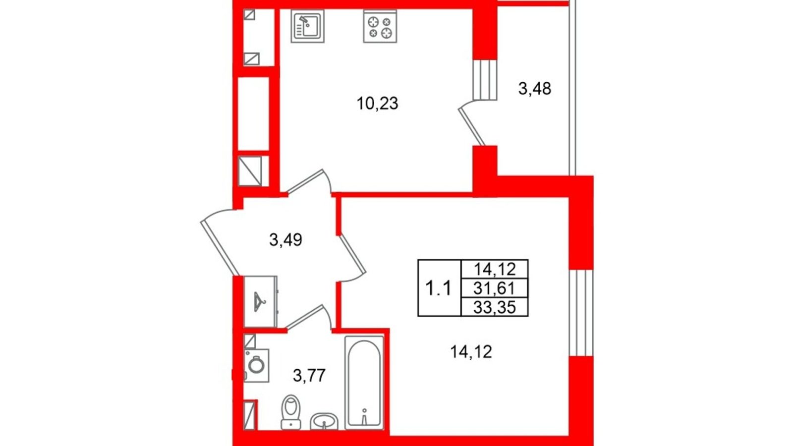 Планировка: 1-комнатная квартира, 31,6 м²