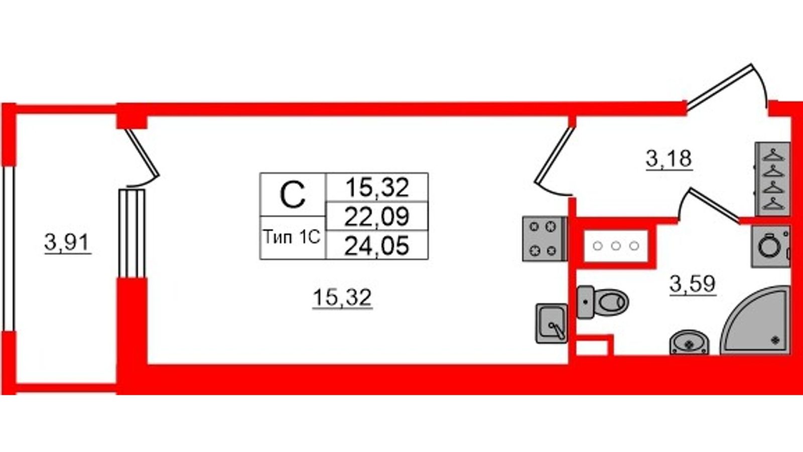 Планировка: студия, 22,1 м²