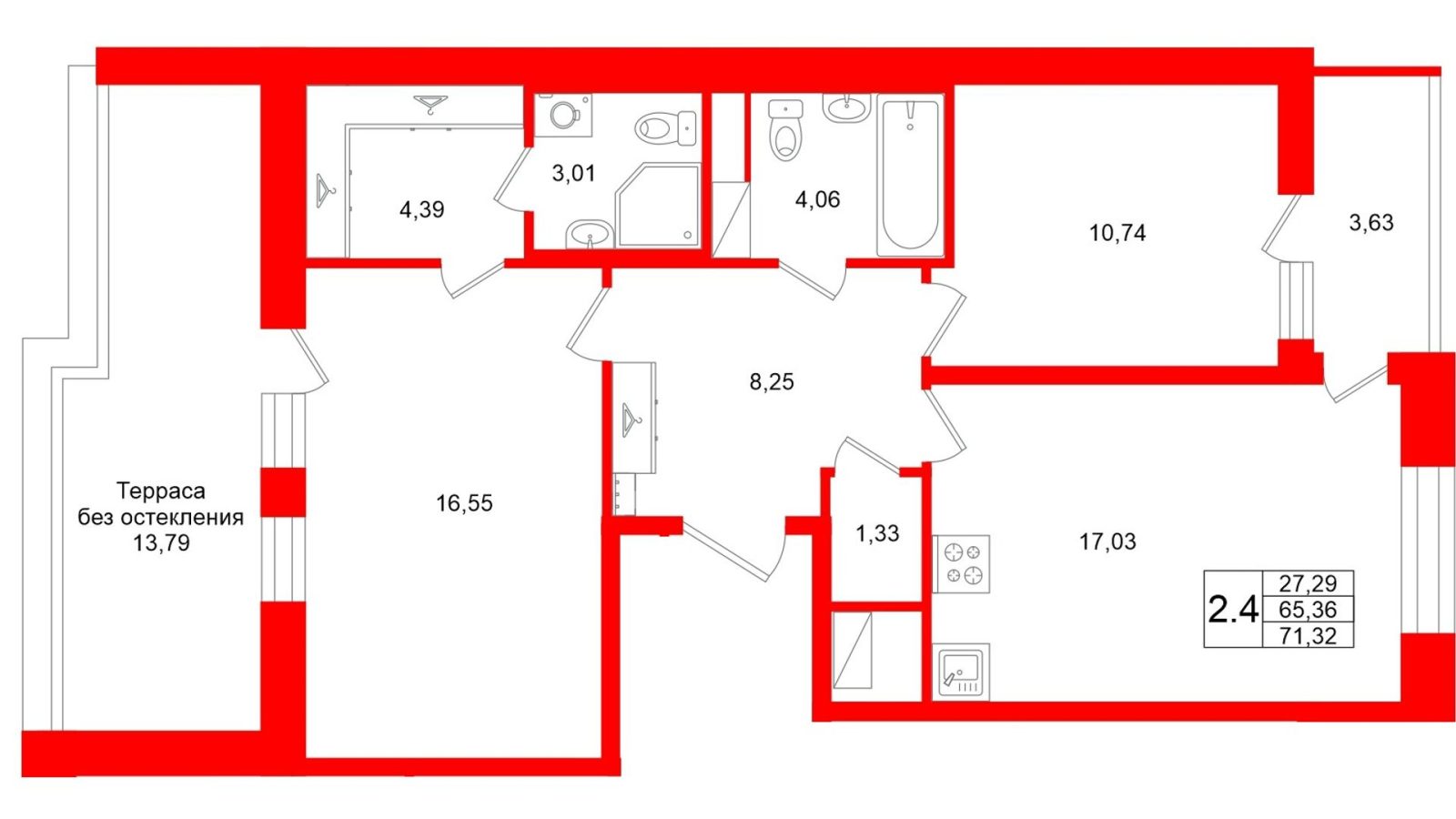 Планировка: 2-комнатная квартира, 65,4 м²