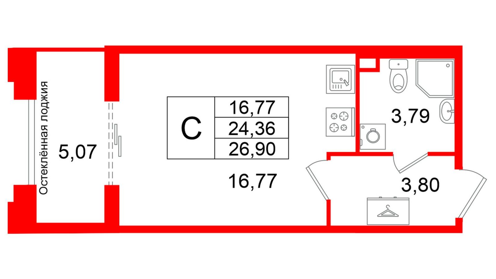 Планировка: студия, 24,4 м²