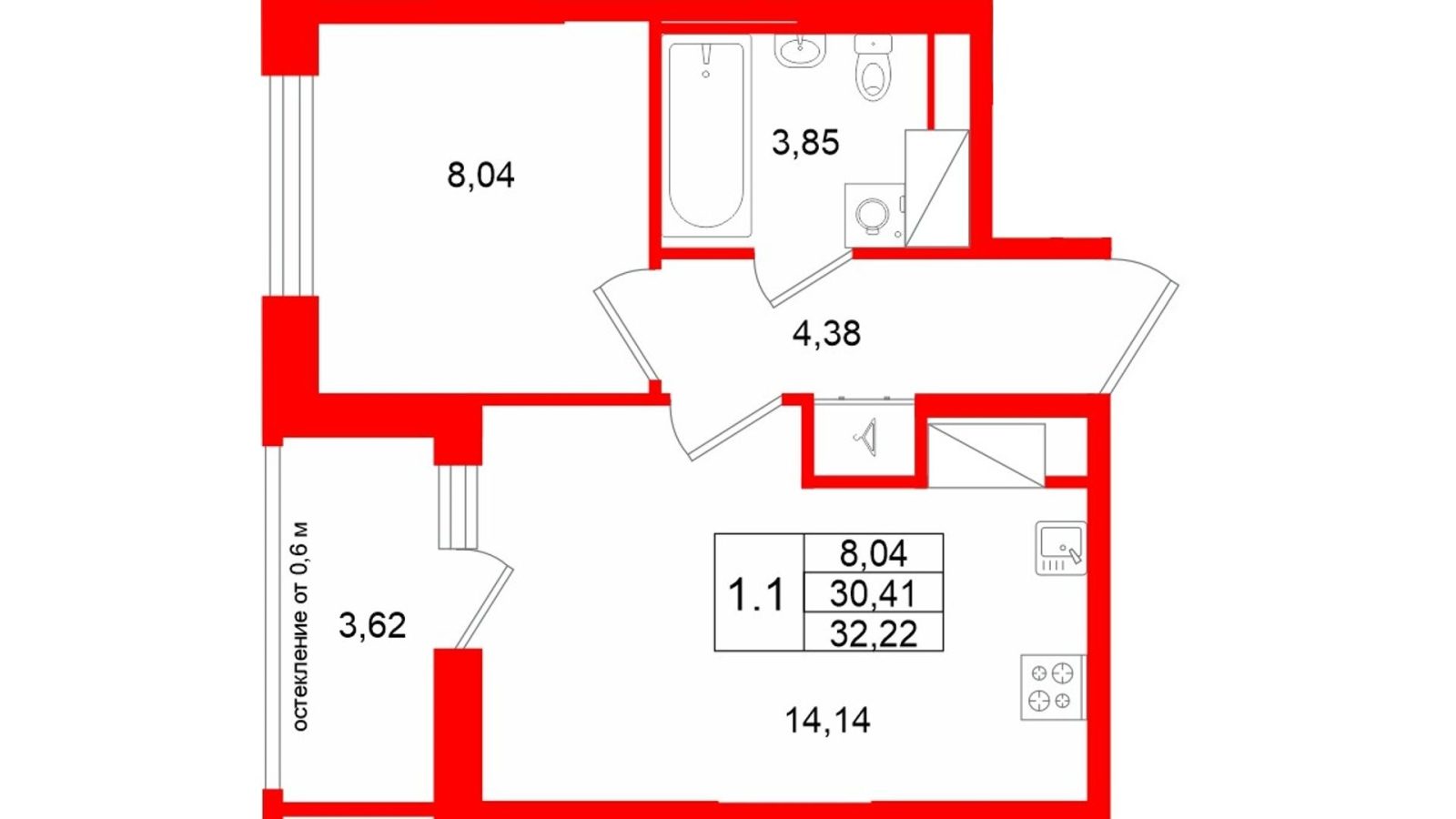Планировка: 1-комнатная квартира, 30,4 м²