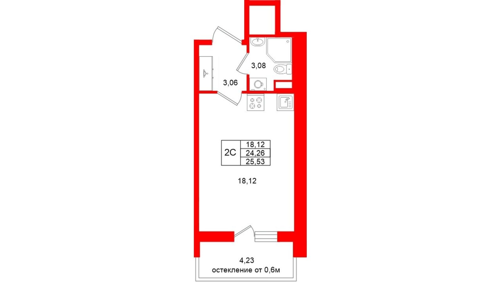 Планировка: студия, 24,3 м²