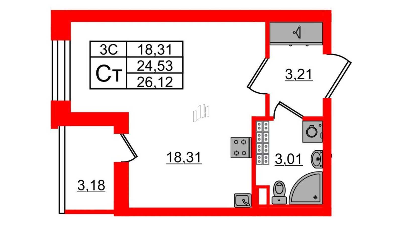 Планировка: студия, 24,5 м²