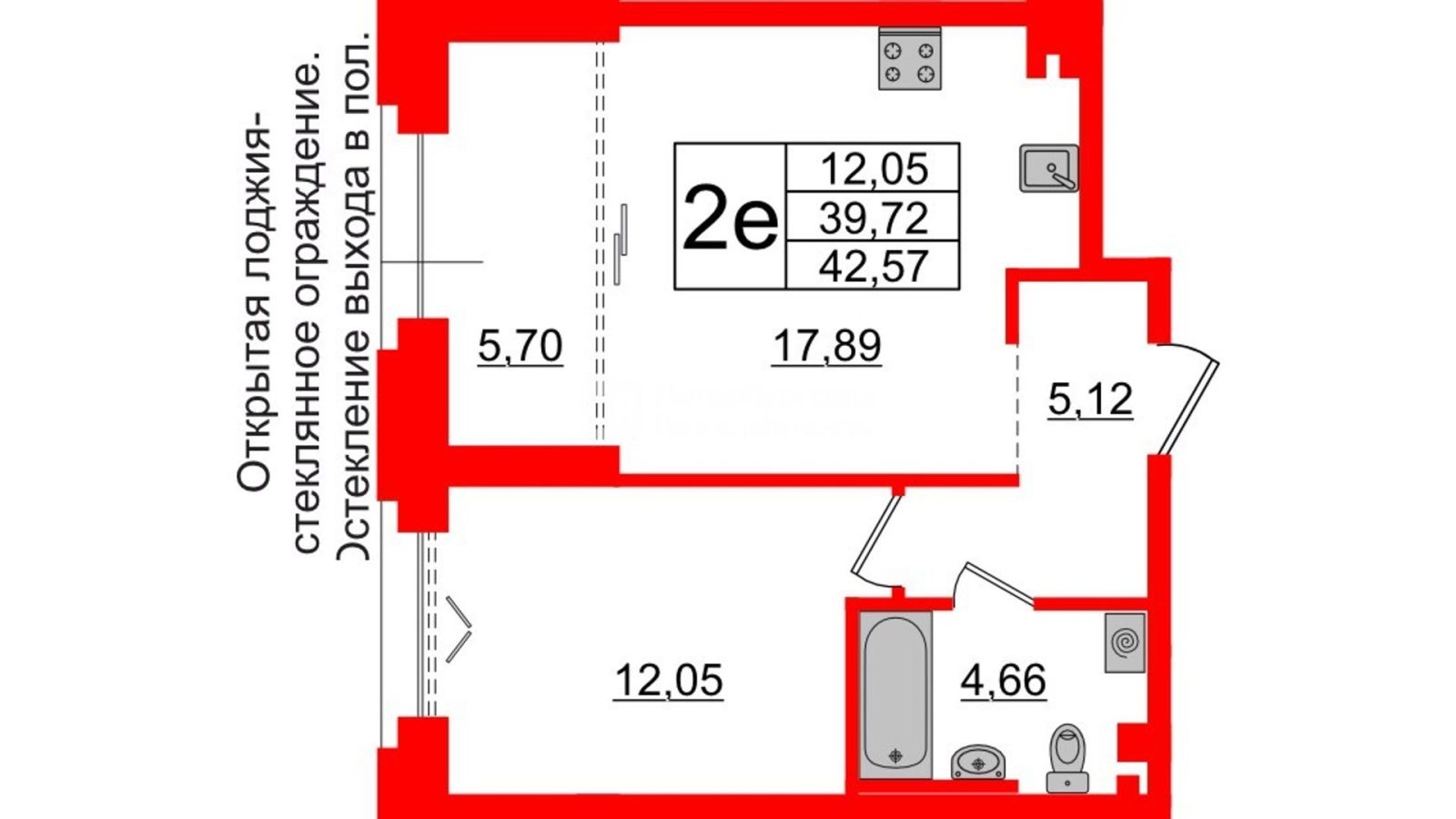 Планировка: 1-комнатная квартира, 39,7 м²