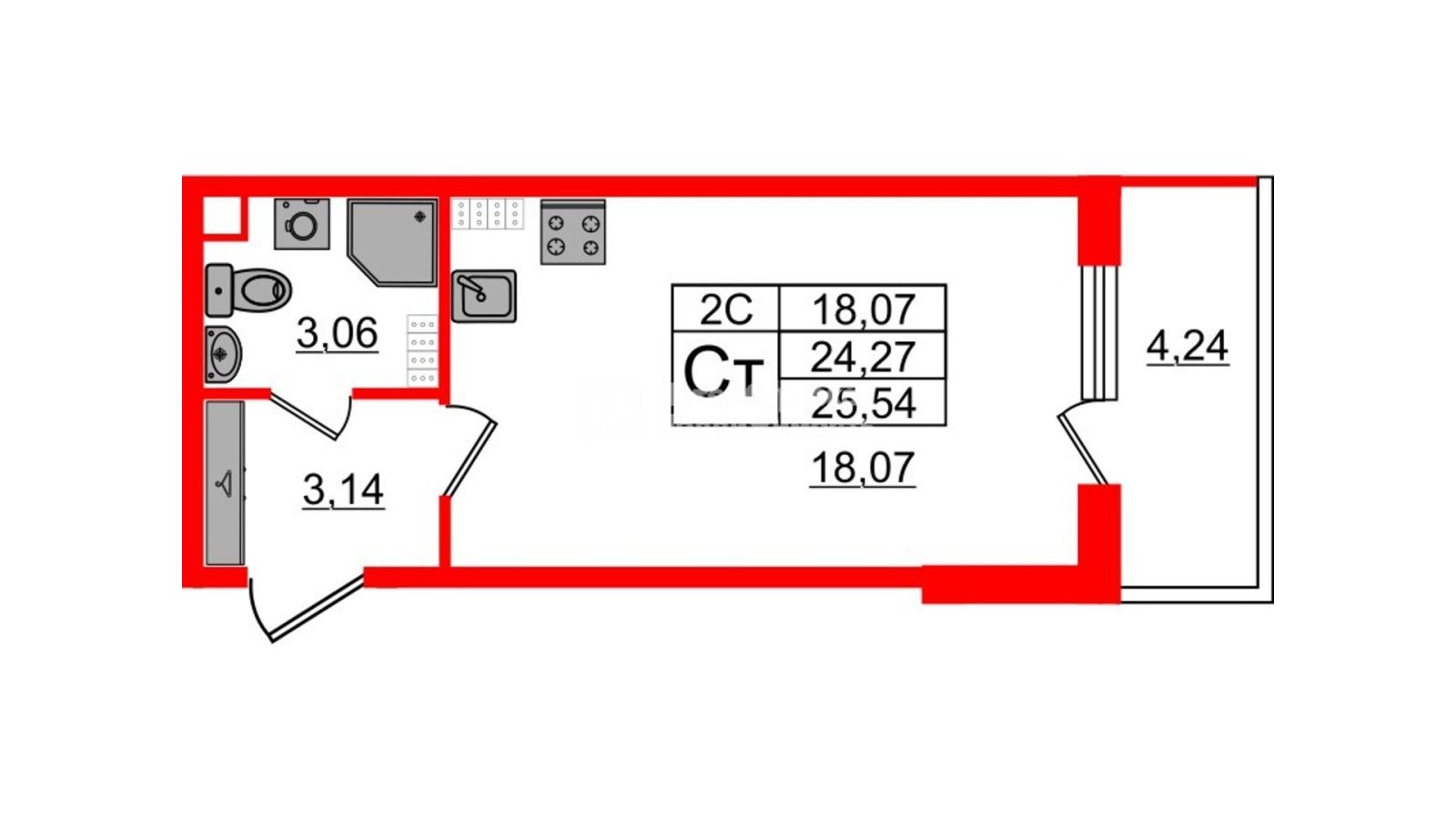 Планировка: студия, 23,9 м²