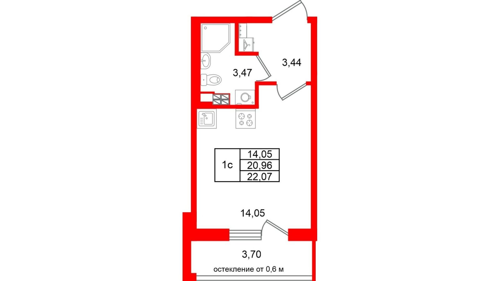 Планировка: студия, 21,0 м²
