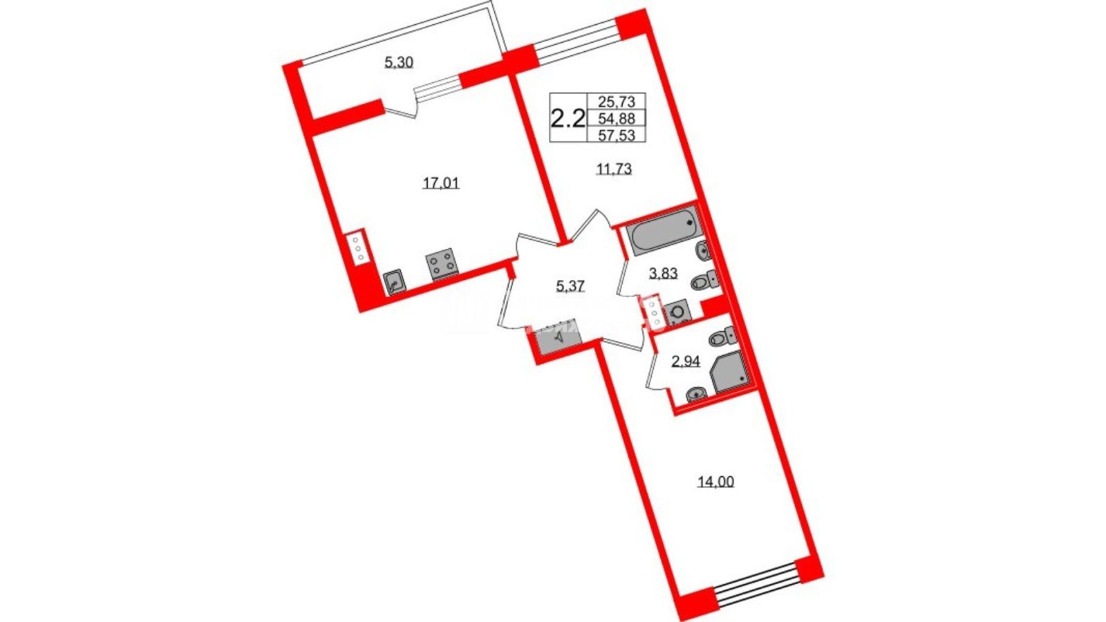 Планировка: 2-комнатная квартира, 54,9 м²