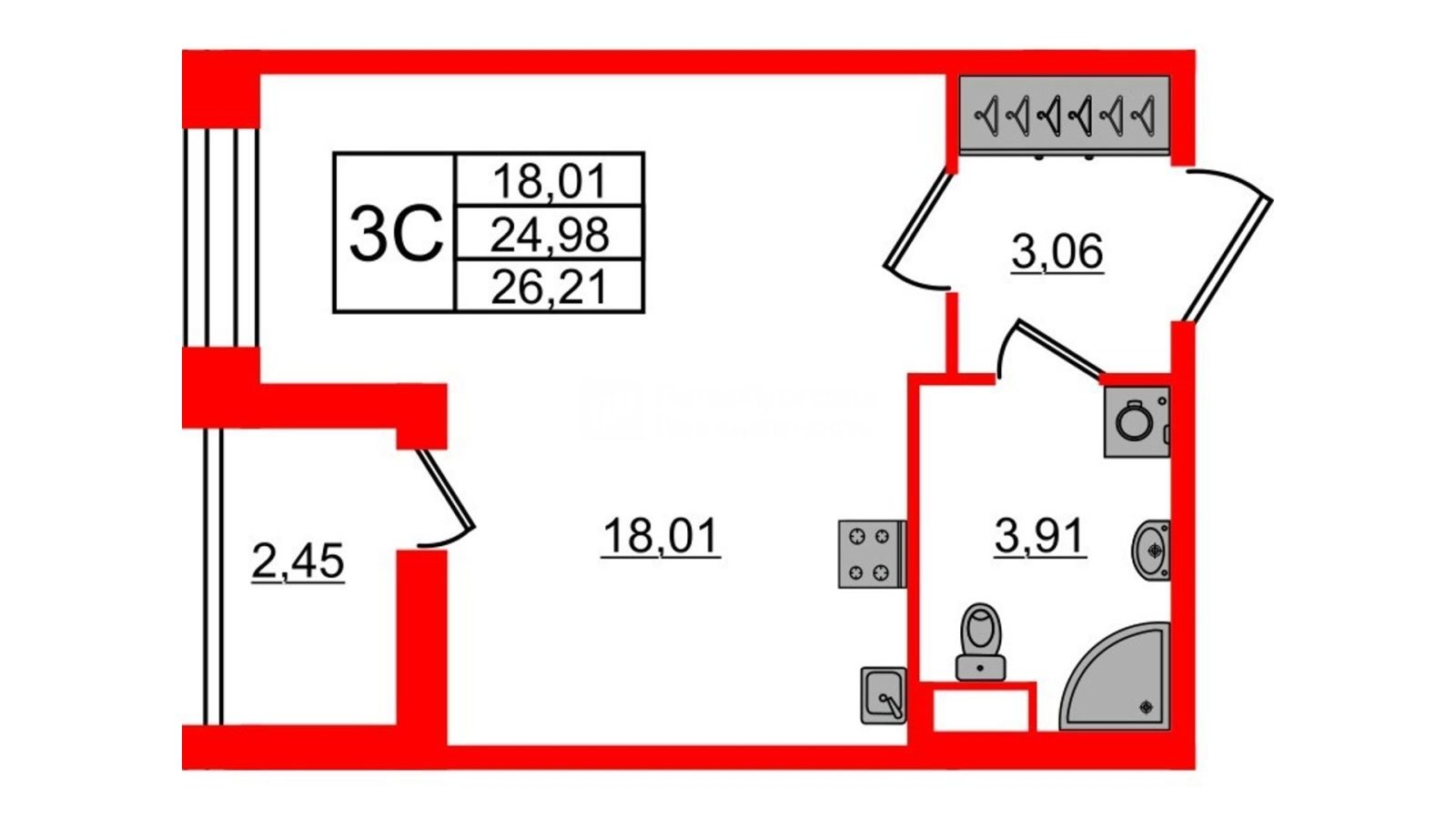 Планировка: студия, 25,0 м²