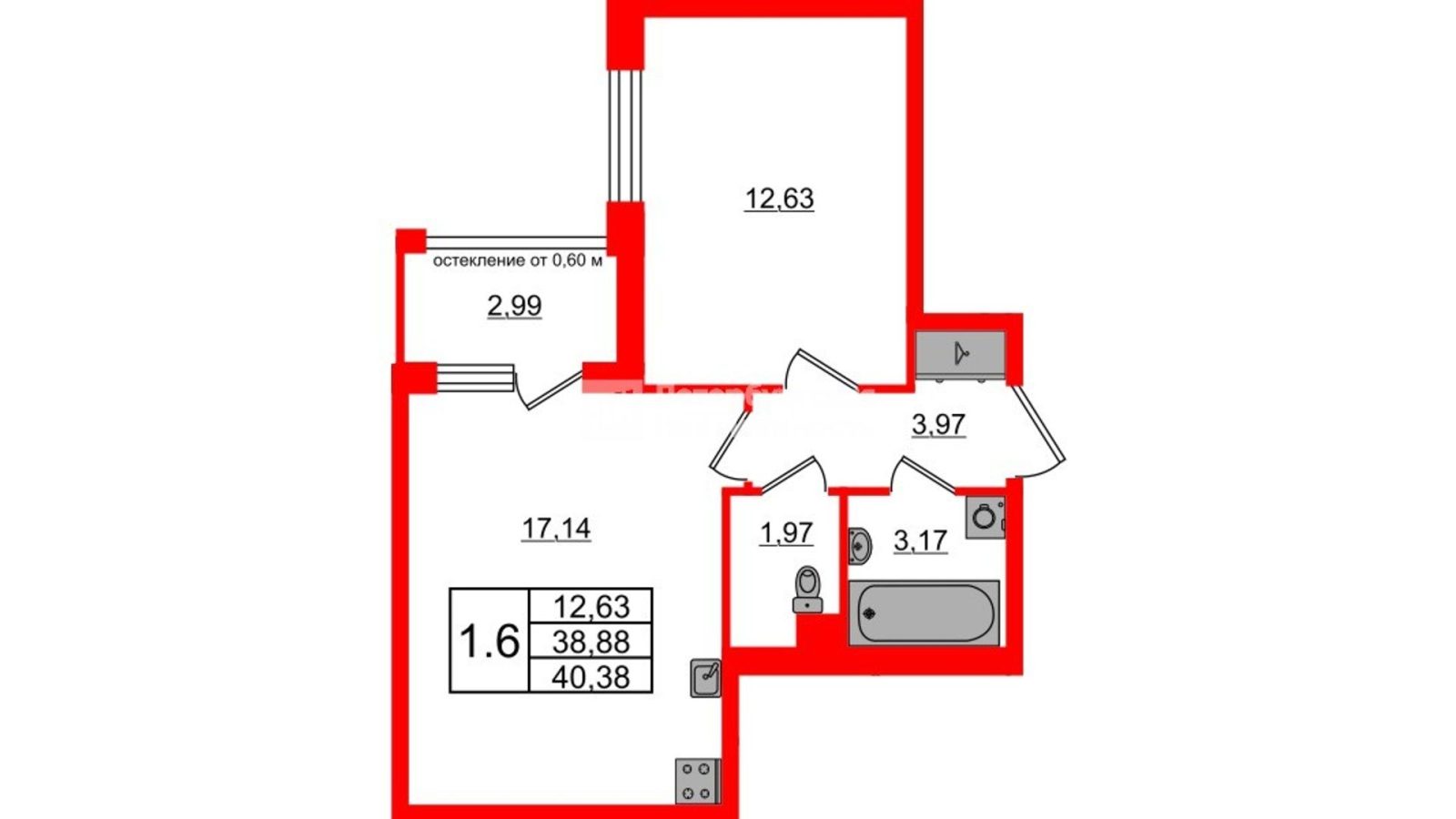 Планировка: 1-комнатная квартира, 38,9 м²