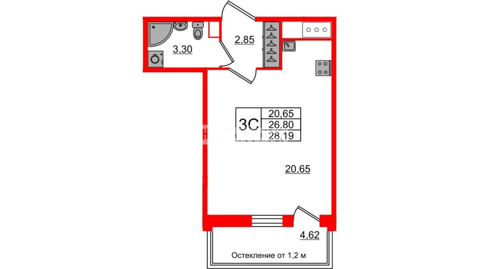 Планировка: студия, 26,6 м²