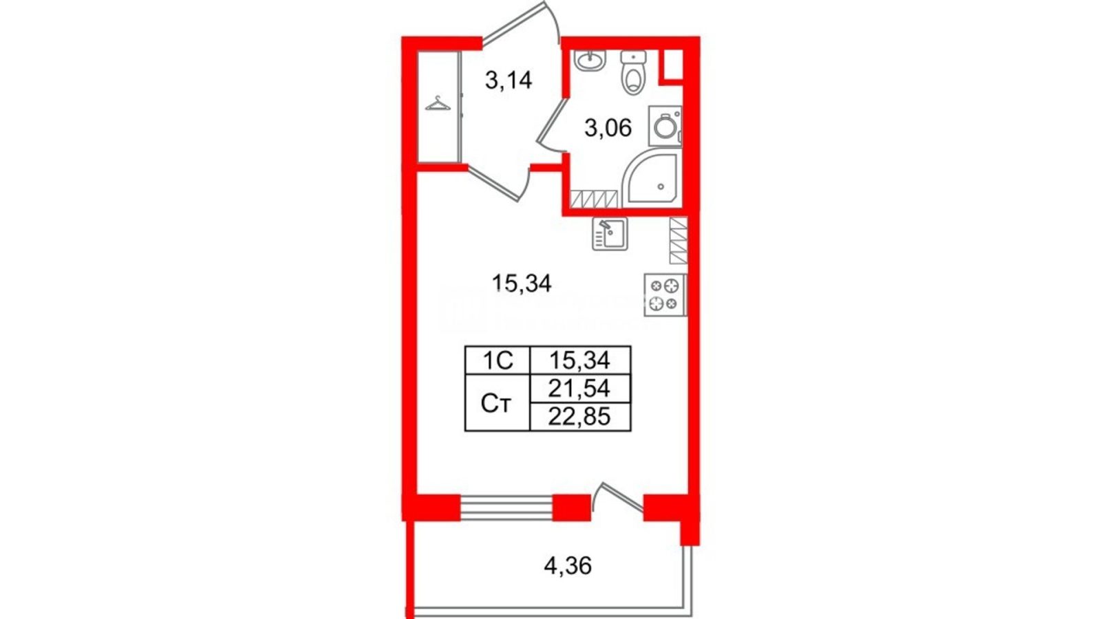 Планировка: студия, 21,5 м²