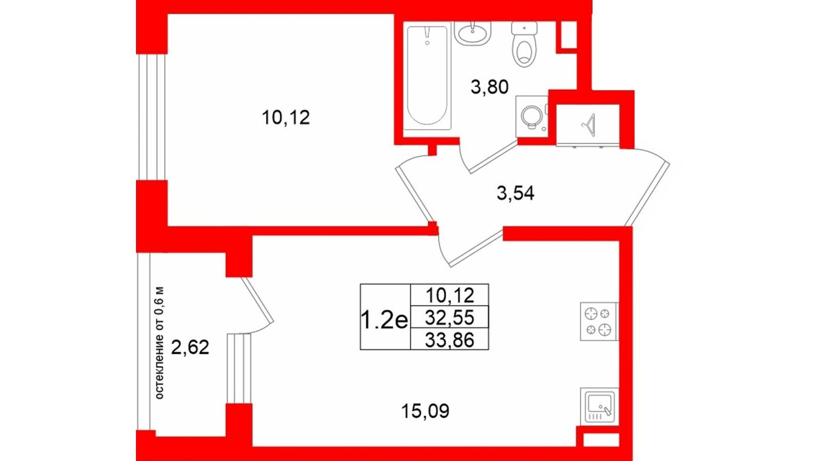 Планировка: 1-комнатная квартира, 32,6 м²