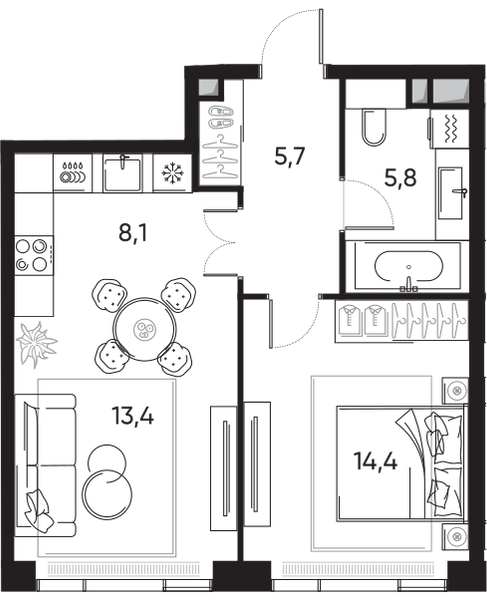 Планировка: 2-комнатная квартира, 47,7 м²