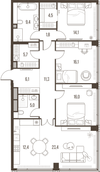 Планировка: 4-комнатная квартира, 125,8 м²