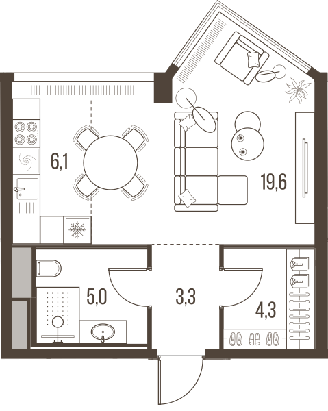 Планировка: 1-комнатная квартира, 38,3 м²