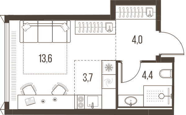 Планировка: 1-комнатная квартира, 25,7 м²