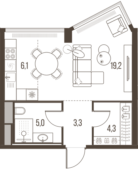 Планировка: 1-комнатная квартира, 37,9 м²
