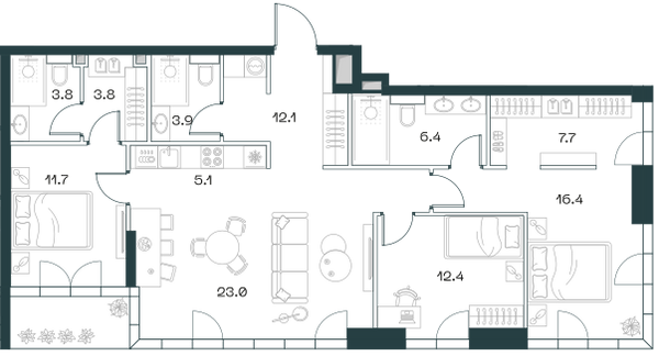 Планировка: 4-комнатная квартира, 109,6 м²
