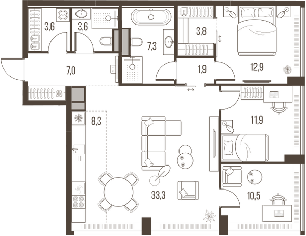 Планировка: 4-комнатная квартира, 104,1 м²