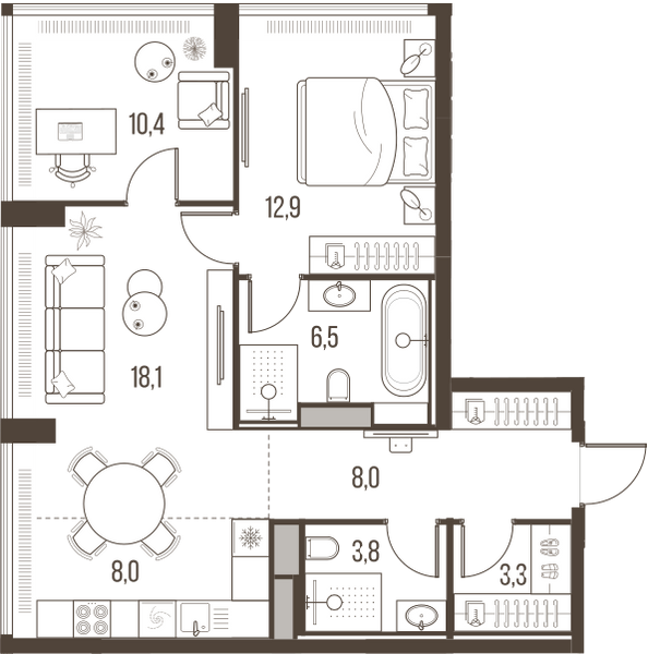 Планировка: 3-комнатная квартира, 71,1 м²