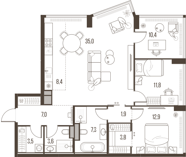 Планировка: 4-комнатная квартира, 105,7 м²