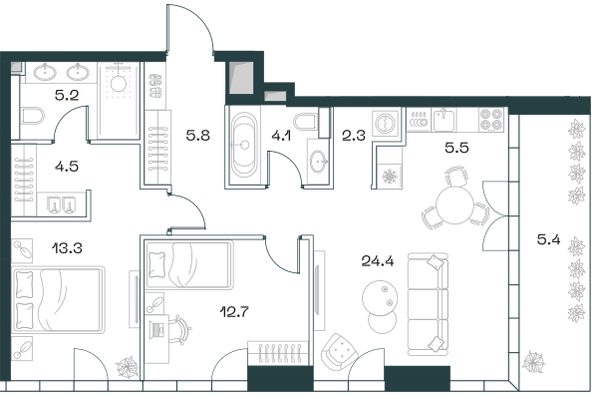 Планировка: 3-комнатная квартира, 83,2 м²