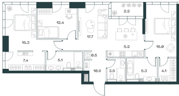 Планировка: 3-комнатная квартира, 109,1 м²